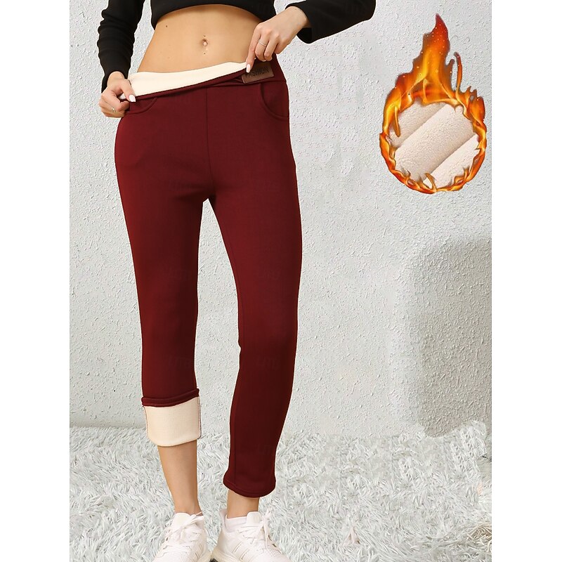 Women's EU / US Size Tights Cozy Fleece Lined Cozy Leggings Elegant Athleisure Full Length High Rise Solid Colored Knitted Basic Comfy Soft Comfortable Micro-elastic Sports & Outdoor Casual Daily Wine3