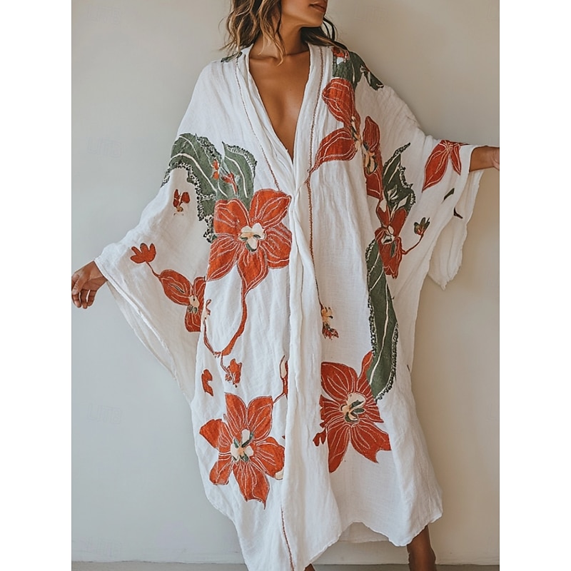 Women's Long Dress Maxi Dress Boho Dress Casual Dress Swing Dress Summer Dress Vintage Vacation Daily Beach Regular Fit Floral Long Sleeve V Neck White Summer Spring Fall