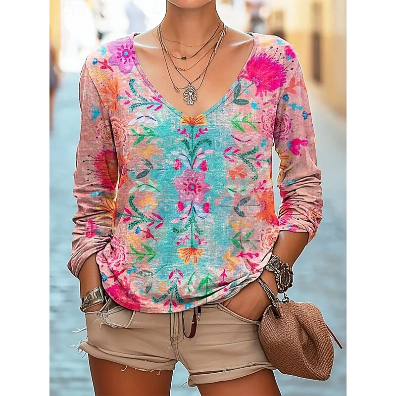 Women's Blouse Floral Daily Stylish Long Sleeve V Neck Regular Tops Daily Holiday Print Black Pink Wine Red Blue Summer Spring Fall4