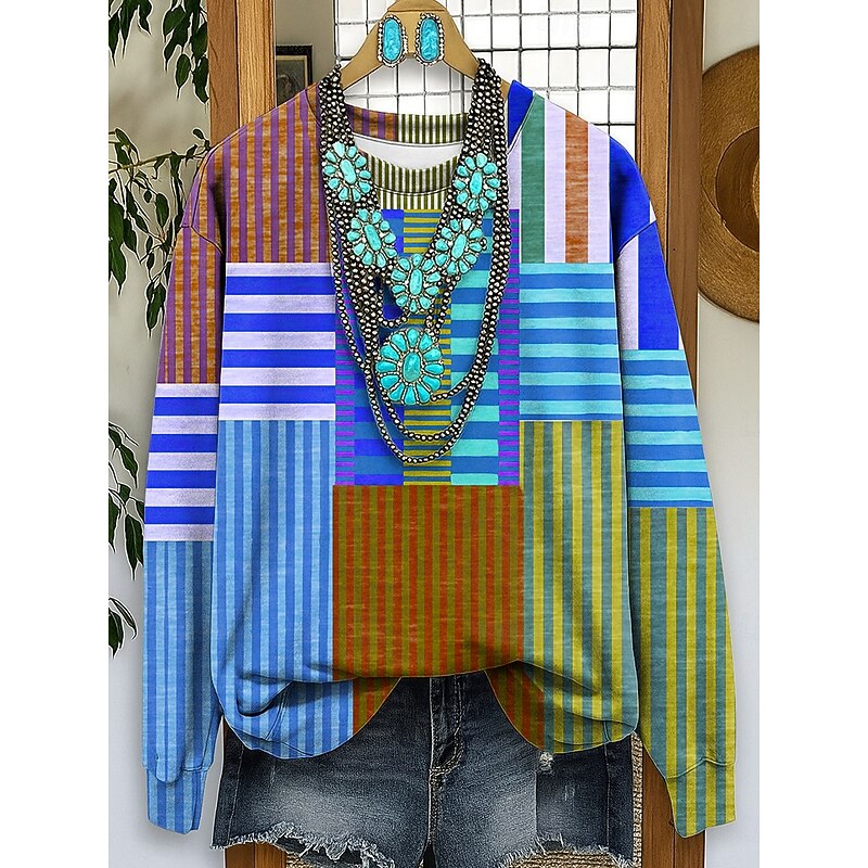 Women's Sweatshirts Graphic Striped Casual Long Sleeve Crew Neck Regular Tops Street Dailywear Casual Print Yellow Red Blue Purple Fall Winter4