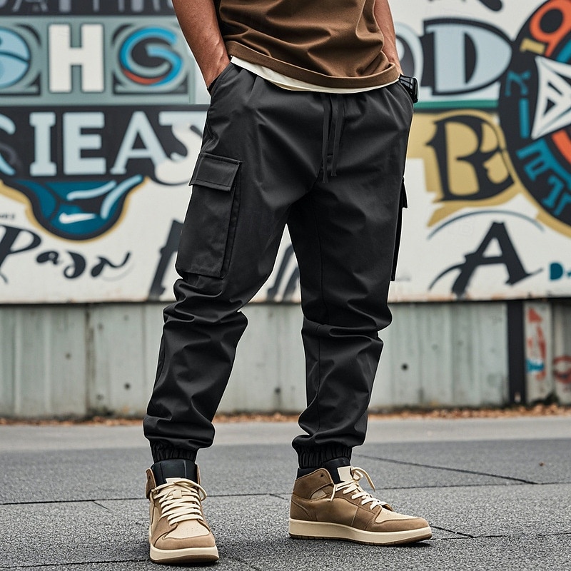 Men's Cargo Pants Cargo Joggers Trousers Casual Pants Pocket Elastic Waist Drawstring Plain Comfort Full Length Outdoor Work Daily Fashion Streetwear Black White Inelastic