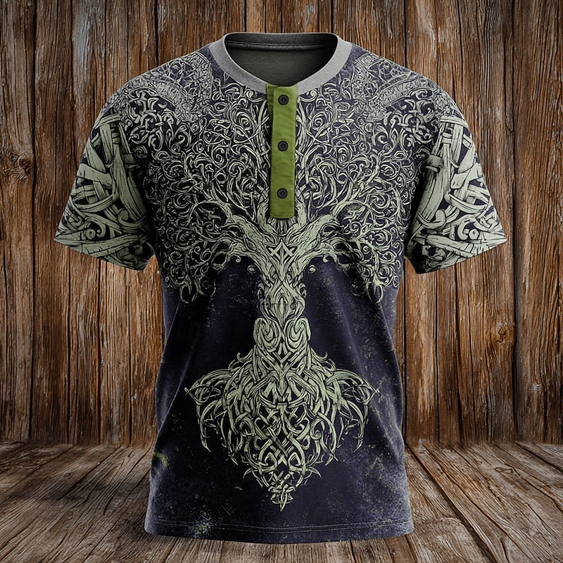 Men's Graphic Christmas Tree T Shirt Henley Shirt Short Sleeve Viking Designer Retro Vintage Street Casual Daily Summer Spring All Seasons Dark-Gray Black Navy Blue Dark Brown Henley Henley T-Shirt3