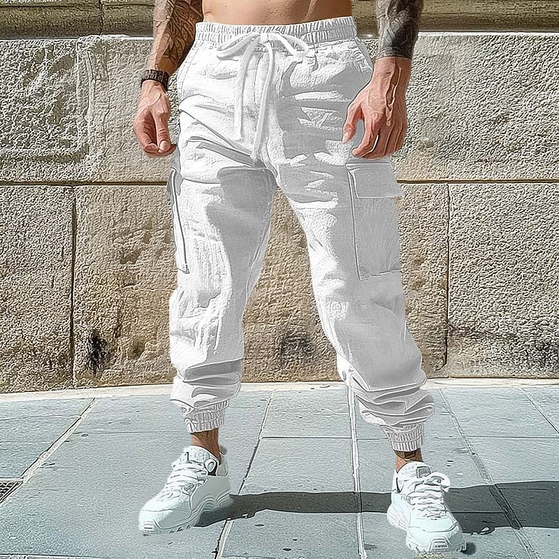 Men's Cargo Pants Linen Pants Trousers Summer Pants Jogger Pants Elastic Waist Drawstring Plain Comfort Breathable Full Length Outdoor Casual Daily Vacation Fashion Black White Inelastic2