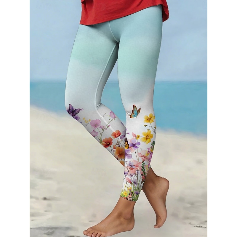 Women's Pants Trousers Leggings Cozy Leggings Streetwear Casual Full Length High Waist Butterfly Elastic Waist Print Breathability Comfortable Stretchy Vacation Street Daily Wear Blue Summer Spring