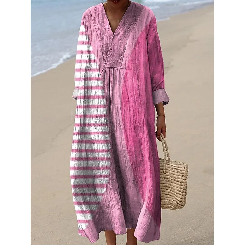 Women's Midi Dress V Neck Long Sleeve Kaftan Lightweight Loose Fit A Line Dress Casual Boho Going out Graphic Geometric Long Sleeve V Neck Pink Blue Green Fall2