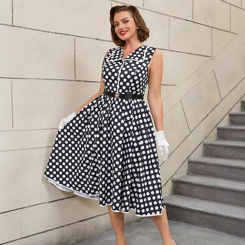 Retro Vintage 1950s Grease Outfits Rockabilly Midi A Line Dress Flare Dress Plus Size With Belt Polka dots A-Line Fancy Dress Women's Vacation Homecoming Party & Evening Adults Dress Belt3