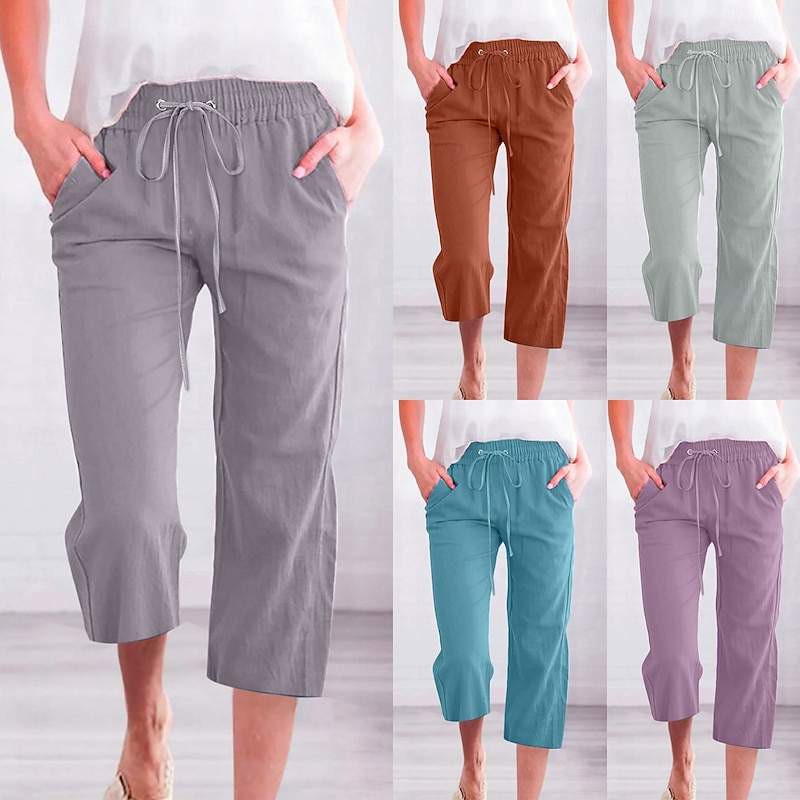 Women's Chinos Vacation Vintage Ethnic Style Calf-Length High Waist Plain Elastic Waistband Comfy Soft Comfortable Inelastic Formal Vacation Street Blue Purple Orange Green Summer Spring Fall Loose