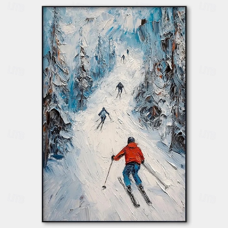 Handmade Skiing Snow Oil Painting Hand Painted Skiing Snow Oil Painting Wall Modern Abstract Ski Sport Painting Canvas Painting Home Decoration Decor White Snow Skiing Painting for bedroom living room2