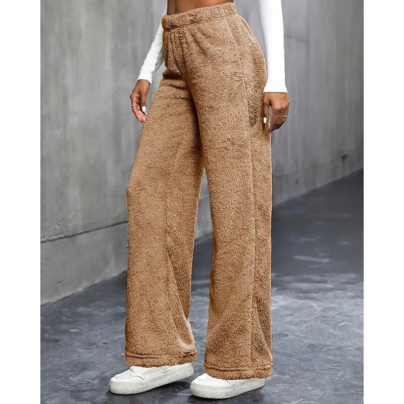 Women's Fleece Pants Wide Leg Slacks Streetwear Casual Full Length Natural Plain Elastic Waist Comfortable Holiday Going out Weekend Grey Black White Khaki Fall Regular Fit2
