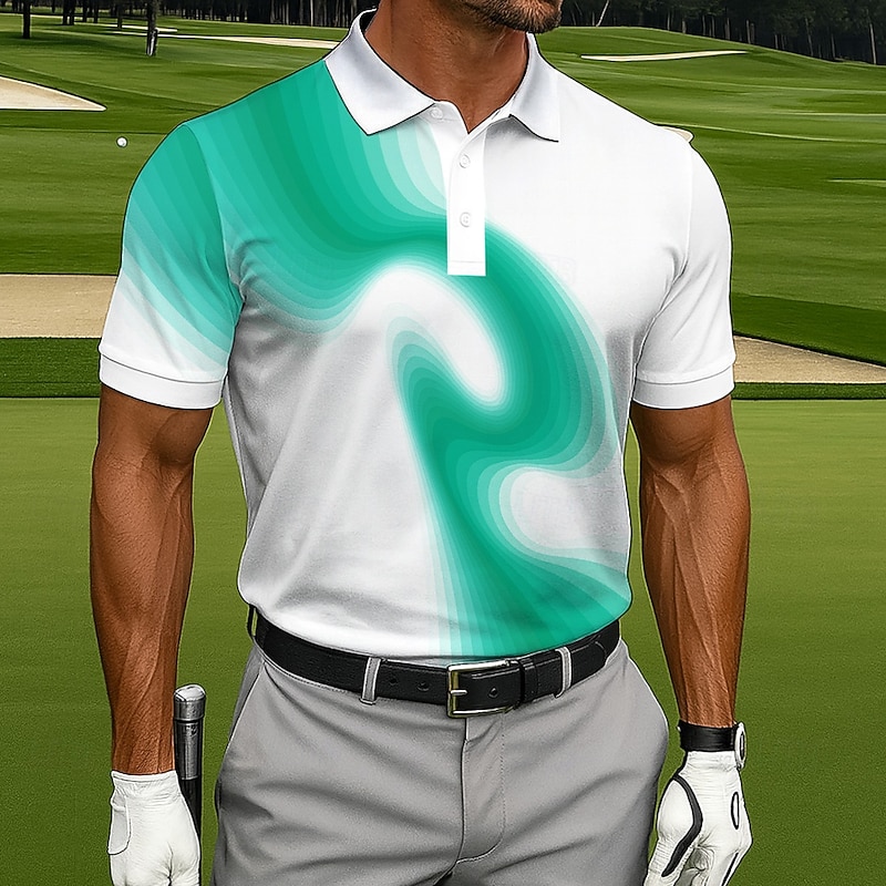Men's Polo Casual Sports Turndown Short Sleeve Fashion Modern Geometic Golf 3D Print Buttons Summer Violet Lake Blue Blue Polo2