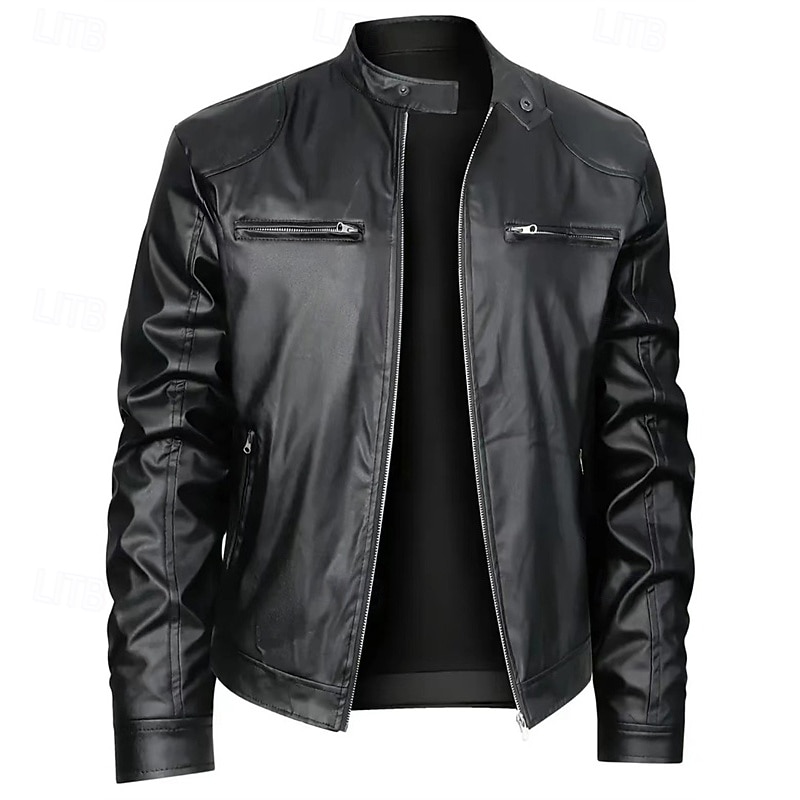 Men's Faux Leather Jacket Biker Jacket Motorcycle Jacket Vacation Daily Windproof Warm Zipper Fall Winter Plain Fashion Classic Stand Collar Regular Black Red Royal Blue Blue Dark Green Jacket4