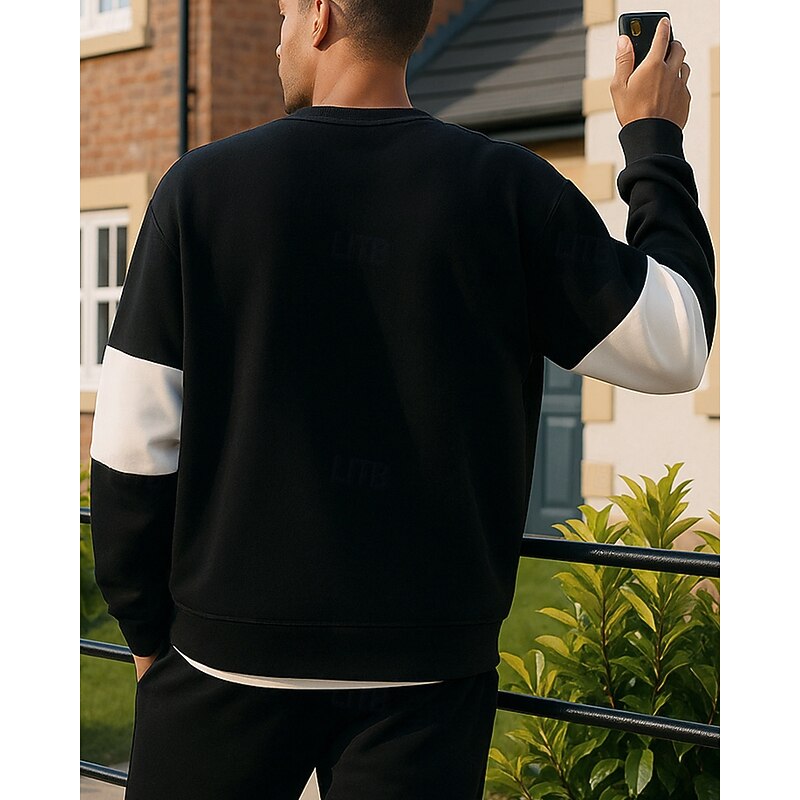 Men's Pullover Sweatshirt Long Sleeve Top Athleisure Patchwork Breathable Casual Sportswear Activewear Black Beige Gray2