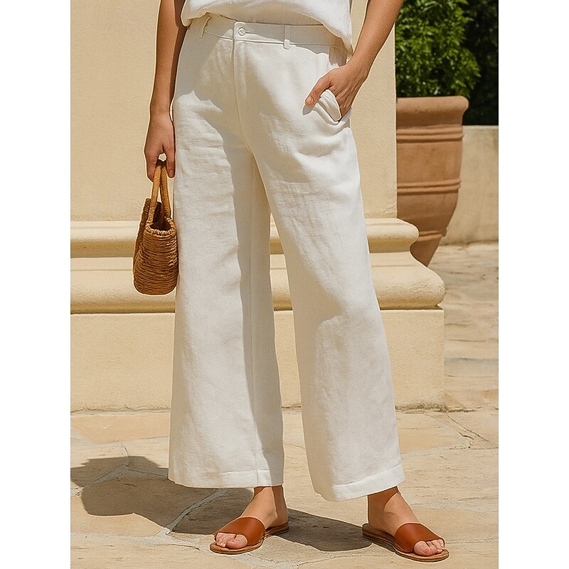Women's Cotton Linen Wide Leg Chinos Ethnic Style Basic Casual Full Length Medium Waist Plain Pocket Comfort Outdoor Inelastic Causal Daily Black White Green Khaki Summer Spring Regular Fit