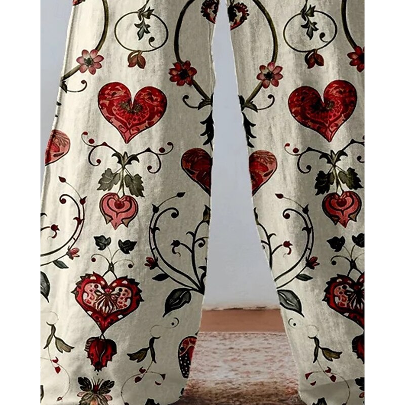 Women's Wide Leg Pants Trousers Palazzo Pants Vintage Boho Full Length High Waist Heart Elastic Waist Printing Breathability Comfortable Street Daily Wear Going out Red Spring Fall Regular Fit3