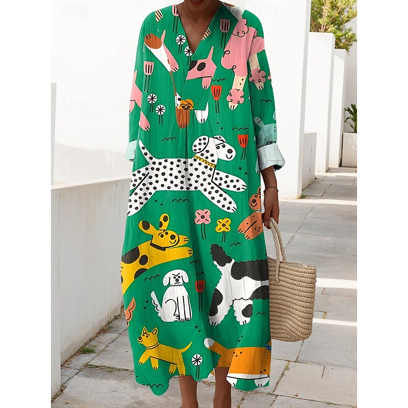 Women's Midi Dress V Neck Long Sleeve Kaftan Lightweight Loose Fit Shift Dress Casual Going out Loose Fit Graphic Animal Long Sleeve V Neck Black White Green Fall3