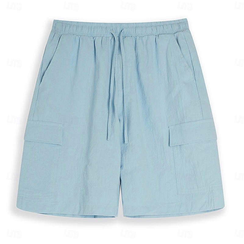 Men's Cargo Shorts Shorts Linen Shorts Summer Shorts Beach Shorts Drawstring Elastic Waist Multi Pocket Plain Knee Length Outdoor Daily Beach Vacation Hawaiian Black White Stretchy2