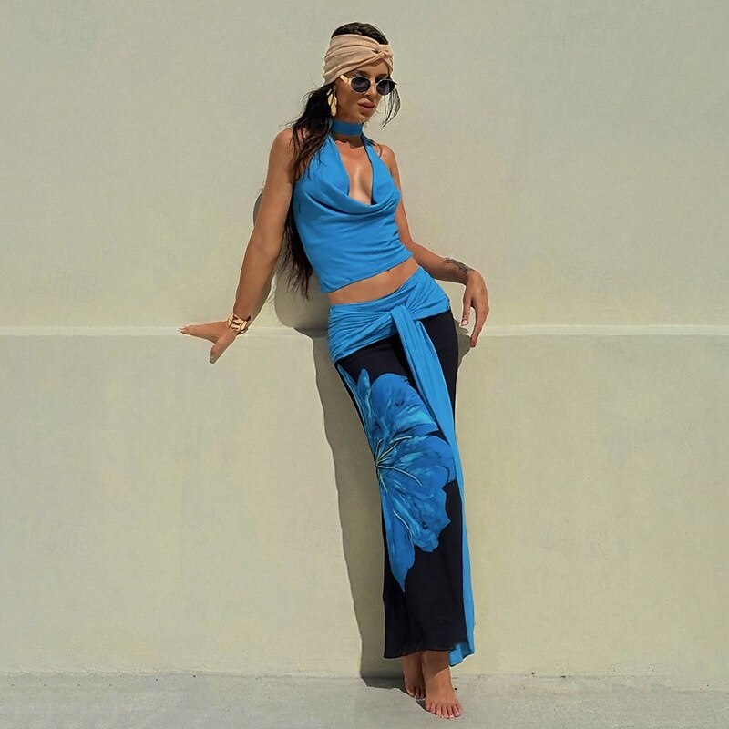 Women's Elegant Vacation Vintage Skirt Sets Sleeveless Deep V Floral Graphic Lace up Ruched Print Vacation Party Going out Blue Summer Regular Fit