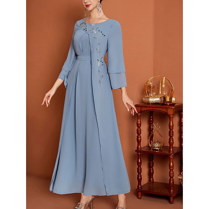 A-Line Mother of the Bride Dress Elegant V Neck Floor Length Chiffon Long Sleeve with Sash / Ribbon Crystals4