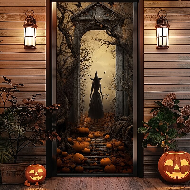 Halloween Door Covers Witch Door Tapestry Door Curtain Decoration Backdrop Door Banner for Front Door Farmhouse Holiday Party Indoor Outdoor Decor Supplies2