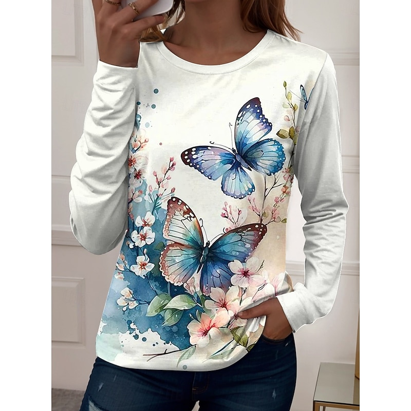 Women's T shirt Crew Neck Long Sleeve Tunic Graphic Butterfly Plants Vintage Stylish Casual  Regular Tops Daily Weekend Print Yellow Blue Purple Fall4