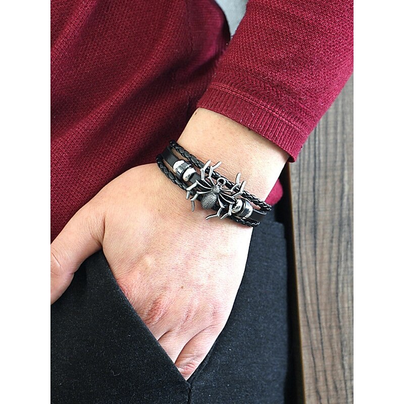 Men's Halloween Spider Bracelet – Gothic Faux Leather Braided Wristband with Alloy Spider Charm, Adjustable Punk Style Jewelry for Party, Cosplay and Nightclub Events4