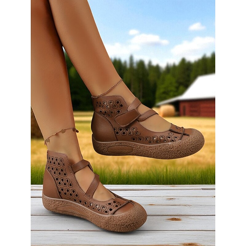 Women's Wide Fit Cutout Faux Leather Mary Jane Shoes – Comfortable Retro Casual Style for Farm Visits, Garden Strolls and Weekend Outings4