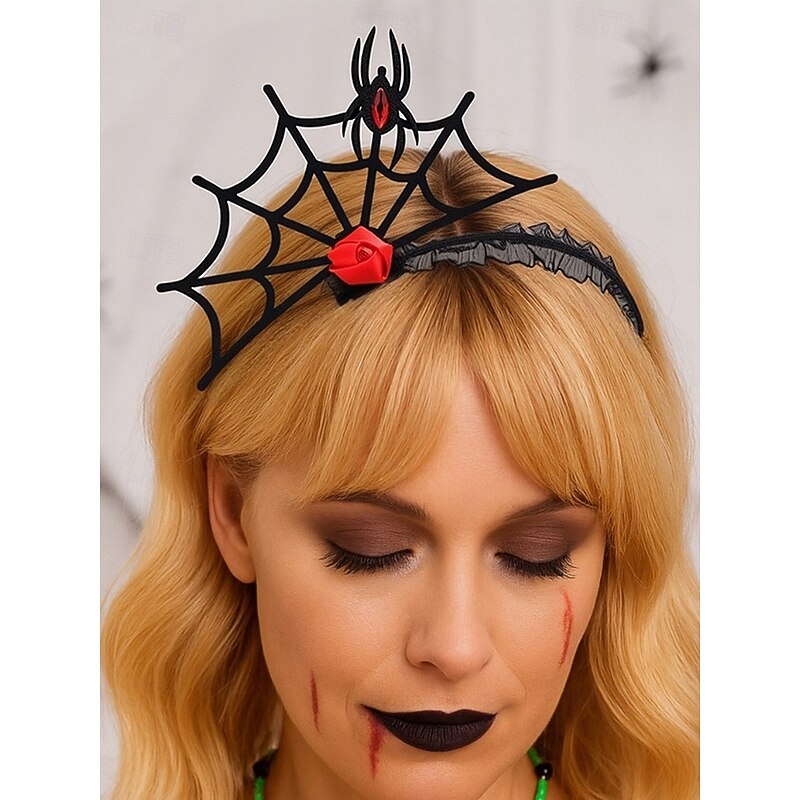 Women's Halloween Spider Web Headband – Gothic Black Lace with Red Rose and Spider Design, Lightweight Polyester and Plastic, Perfect for Costume Parties and Cosplay