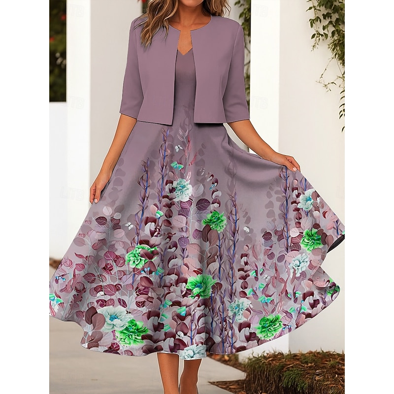 Women's Two Piece Dress Sets Midi Dress with Jacket Elegant A Line Dress Half Sleeve Casual Semi Formal Ombre Floral Print V Neck Date Pink Blue Purple Regular Fit4
