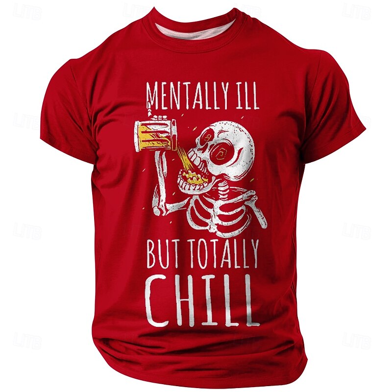 Men's Funny 'Mentally Ill But Totally Chill' Skeleton Drinking Short Sleeve Graphic T-Shirt, Red3