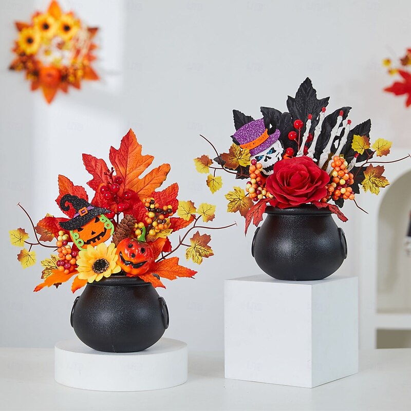 Halloween Fall Desktop Ornament Faux Pumpkin, Maple Leaves, Pinecones, and LED Light Harvest Festival Decor for Halloween, Spooky Fall Display, Autumn Home Decoration4