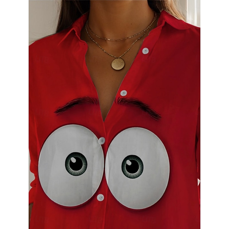 Women's Cartoon Funny Smile Face Shirt Graphic Active Daily Stylish Long Sleeve Shirt Collar Regular Tops Daily Holiday Buttons Print Red Spring Fall3