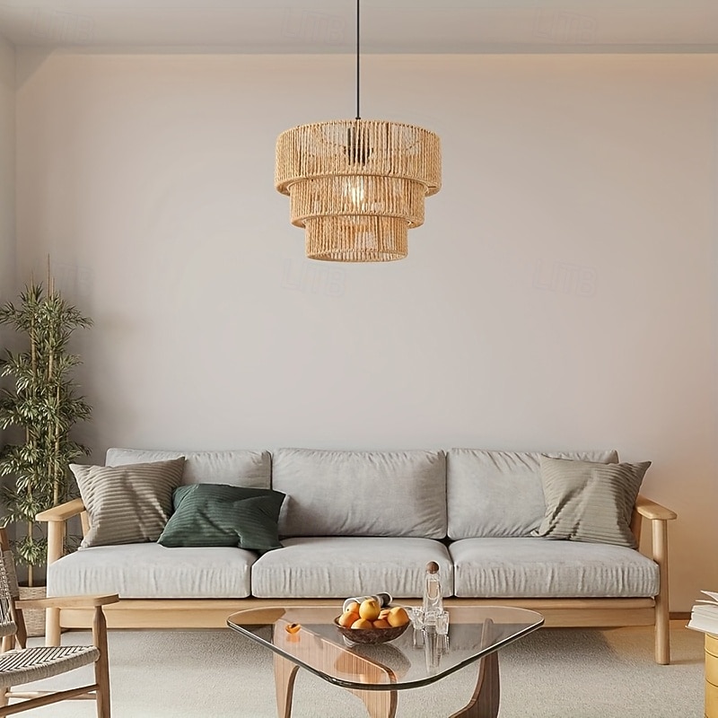 Country Vintage 3-Tier Jute Rope Pendant Light, Hand-Woven Organic Design, Warm White/White Light, E26/E27, Adjustable Chain