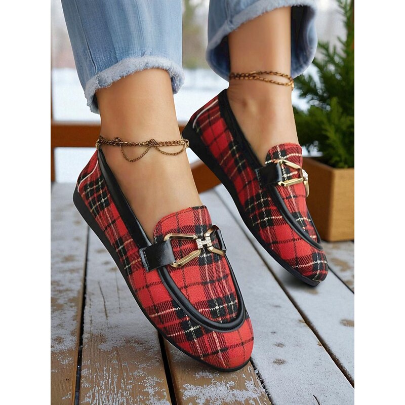 Women's Red Plaid Loafers – Classic Checkered Slip-On Flats with Bow Accent for Christmas Parties, Work and Casual Outings4