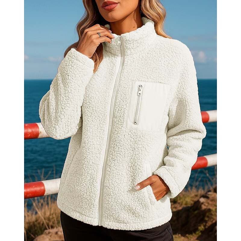 Women's Outdoor Recreation Coatv Polar Soft Fleece Jacket Pocket Full Zip Long Sleeve Top Athleisure Solid Colored Windproof Lightweight Warm Hiking Workout Athletic Sportswear Activewear Black White4
