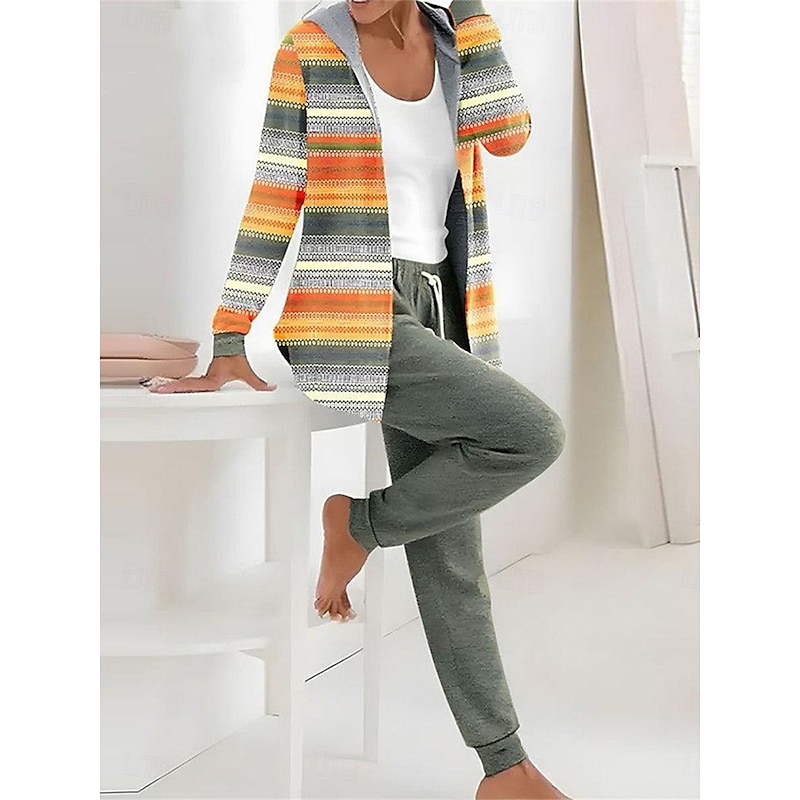Women's 2 Pieces Hoodie Tracksuits Long Sleeve Daily Hooded Graphic Striped Leaves Zipper Drawstring Print Casual Yellow Pink Khaki Fall Regular Fit