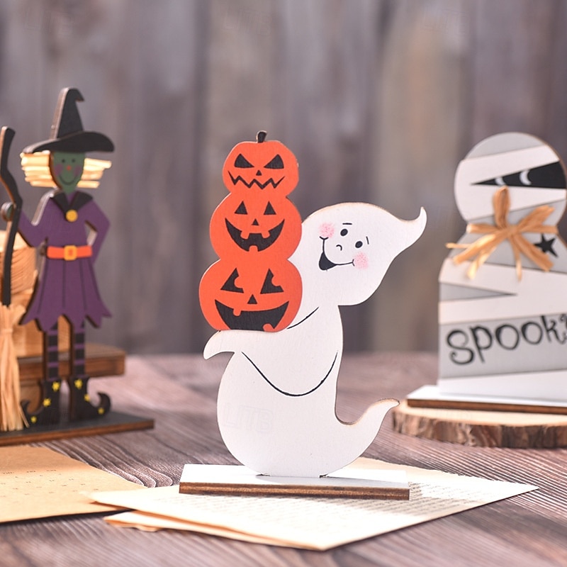 Halloween Wooden Witch and Ghost Figurines, Hand-Painted Tabletop Decorations for Spooky Party Display, Holiday Home Decor and Photo Props3