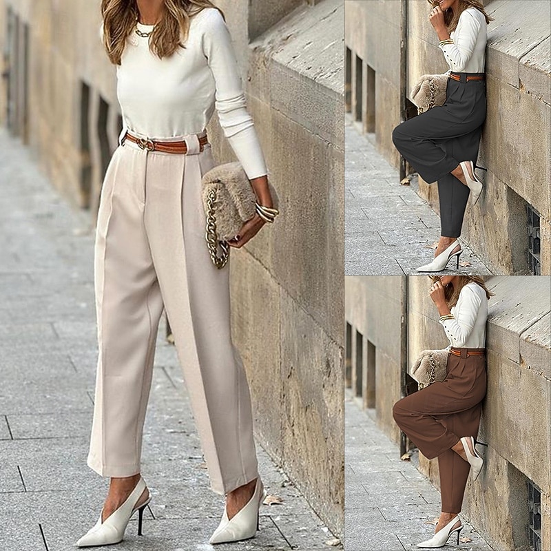 Women's Wide Leg Dress Pants Fashion Streetwear Full Length Natural Plain Pocket Elastic Waist Comfy Formal Office Work Black Beige Coffee Fall Regular Fit