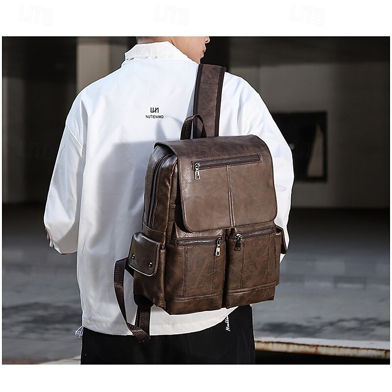 Men's Vintage Brown Faux Leather Backpack with Multi-Zipper Pockets, Large Capacity Travel and Laptop Bag for Work, School, and Casual Daily Use2