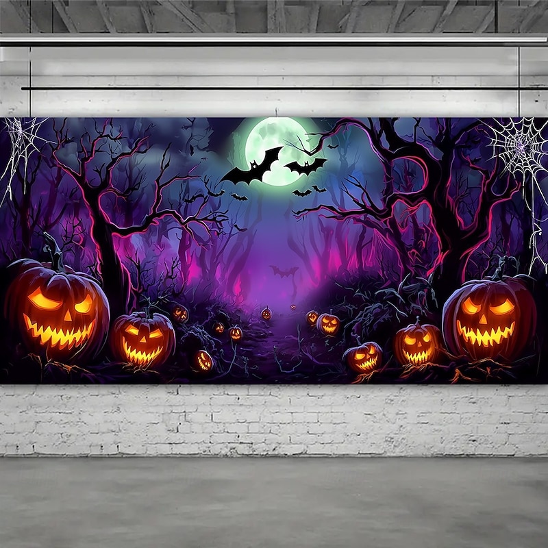 Halloween Garage Door Cover Neon Pumpkins in Spooky Forest Banner, Glowing Blacklight Backdrop Decoration for Holiday Outdoor Garage Door and Home Wall, 2025 Halloween Decorations3