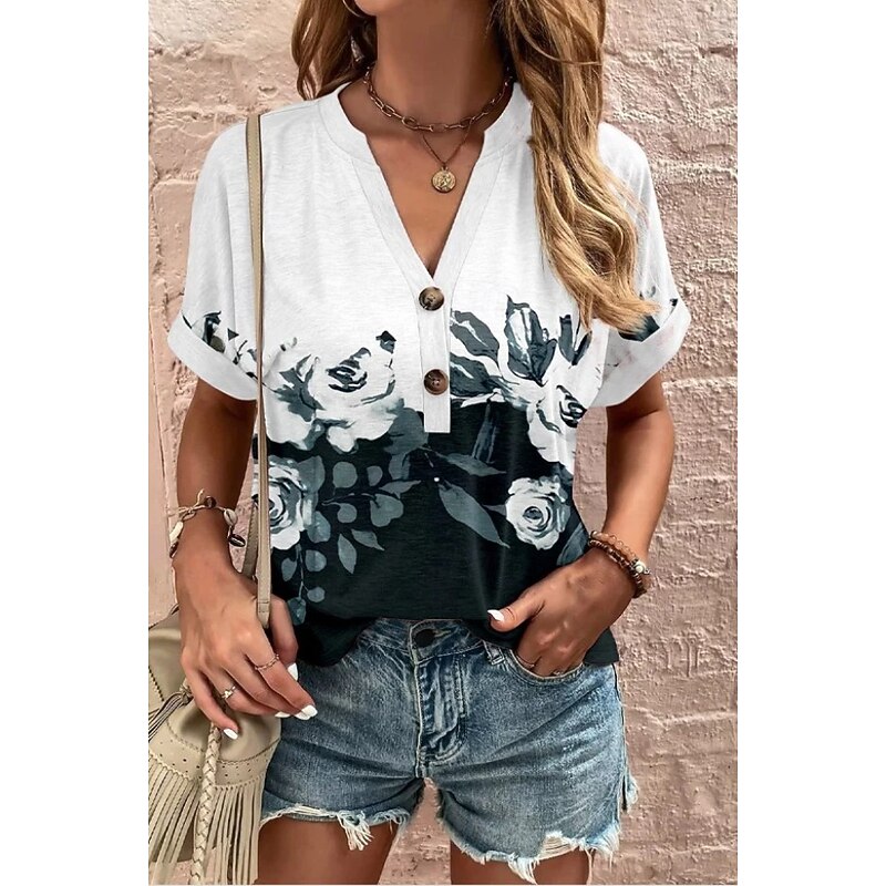 Women's T Shirt Graphic Tribal Stylish Casual Boho Short Sleeve V Neck Regular Tops Daily Going out Weekend Print Black and White Red Purple Red / Blue Summer Spring2