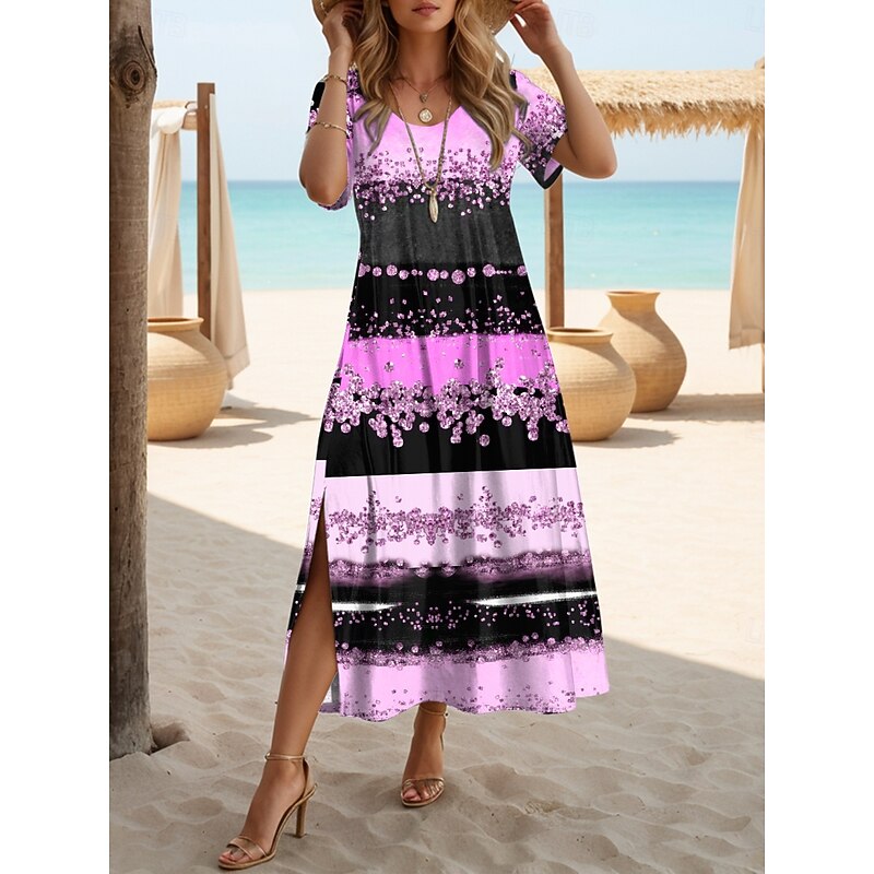 Women's Maxi Dress T Shirt Dress Tee Dress Sundress Shift Dress Vacation Casual Beach Party Beach Regular Fit Geometric Short Sleeve Crewneck Pink Blue Purple Green Summer Spring4