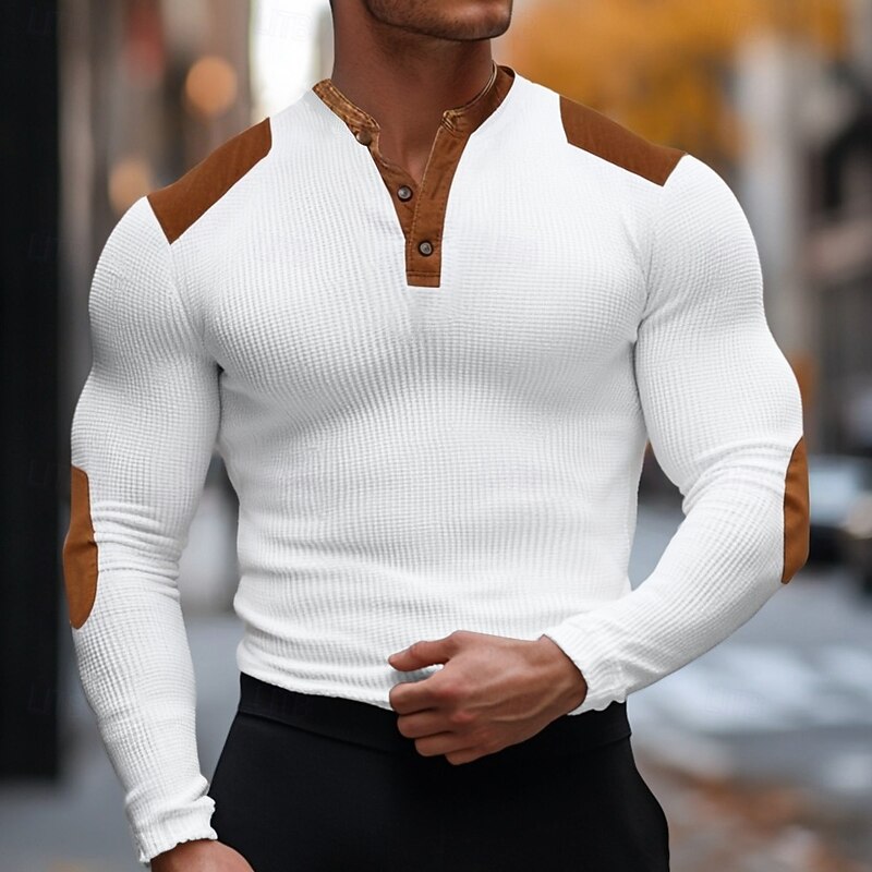 Men's Waffle Tee Long Sleeve V Neck Summer Spring Fall Plain Basic Modern Casual Patchwork Buttons Basic Home Street Casual Black White Navy Blue Top Tee for Men