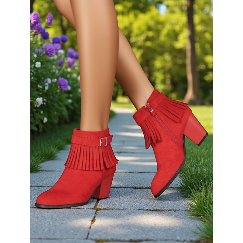 Women's Faux Suede Fringe Ankle Boots with Block Heels – Western Style for Garden Parties, Farm Festivals and Autumn Casual Wear