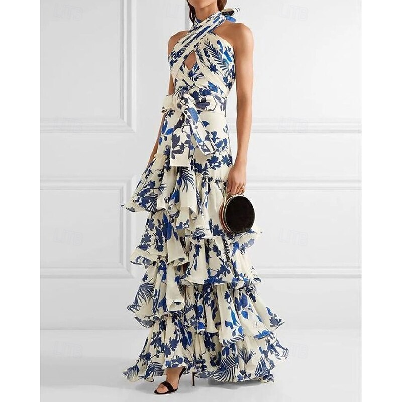 Women's Long Dress Maxi Dress Floral Dress Halter Neck Dress Print Dress Fashion Modern Outdoor Vacation Holiday Regular Fit Flower Sleeveless Halter Neck Blue Summer