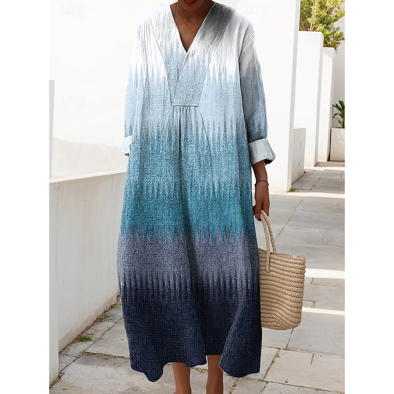 Women's Midi Dress V Neck Long Sleeve Kaftan Lightweight Loose Fit A Line Dress Casual Daily Loose Fit Graphic Geometric Long Sleeve V Neck Blue Purple Brown Green Fall4