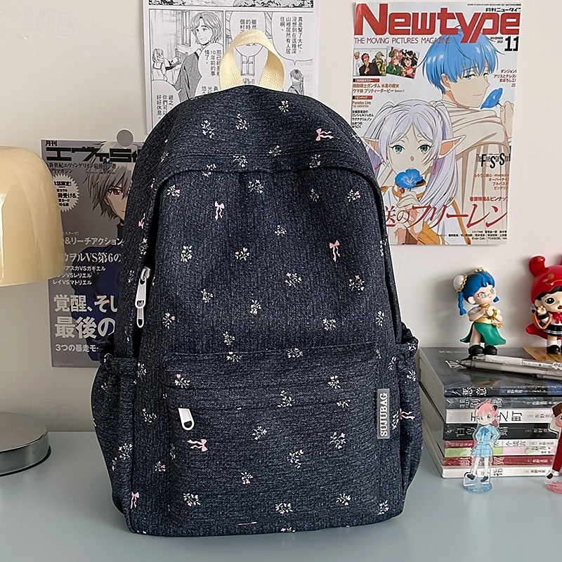 Floral Print Denim-Style Backpack for Girls – Cute Lightweight School Bag with Small Bow and Flower Pattern for Teen Students