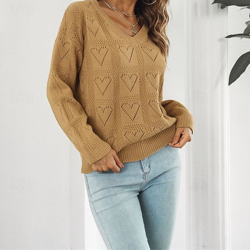 Women's Pullover Casual Solid Color Chunky V Neck Knitted Hole Long Sleeve Regular Tops Knit Daily Holiday Going out Yellow Pink Fall Winter3