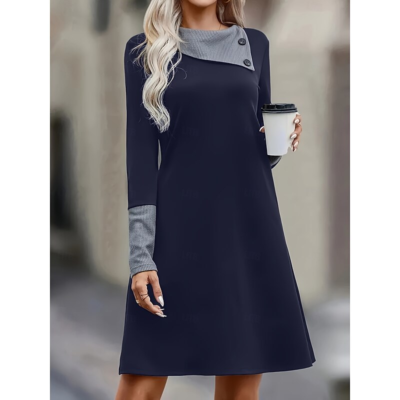 Women's Mini Dress Print Dress Fashion Modern Daily Going out Weekend Loose Fit Color Block Long Sleeve Crew Neck Black Navy Blue Spring Fall2