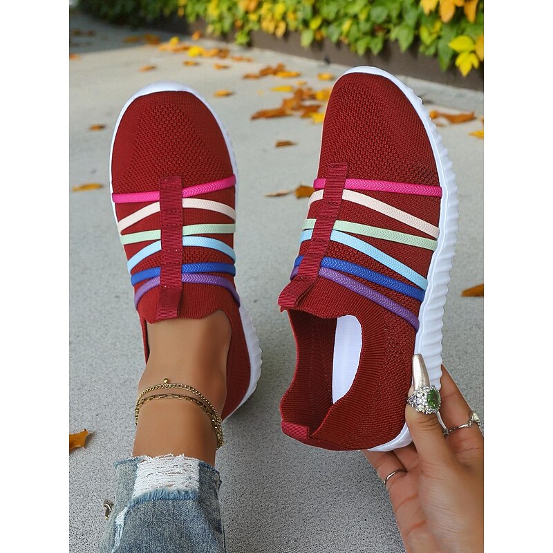 Women's Red Flyknit Slip-On Sneakers – Breathable Lightweight Walking Shoes with Colorful Elastic Straps for Travel, Weekend Outings and Casual Daily Wear2