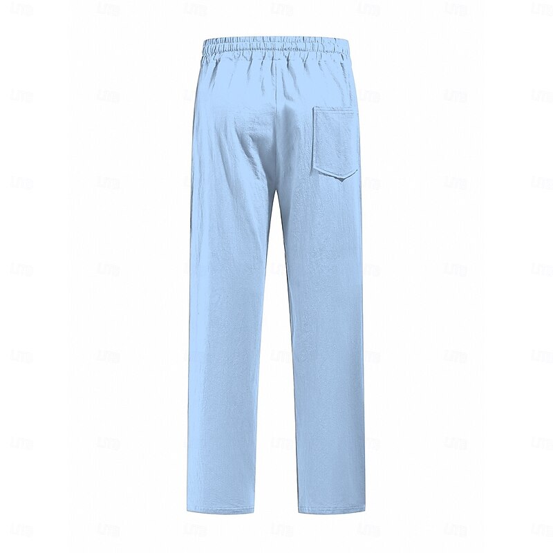 Men's Linen Pants Trousers Beach Pants Pocket Elastic Waist Drawstring Plain Comfort Breathable Vacation Daily Holiday Hawaiian Boho Black White3